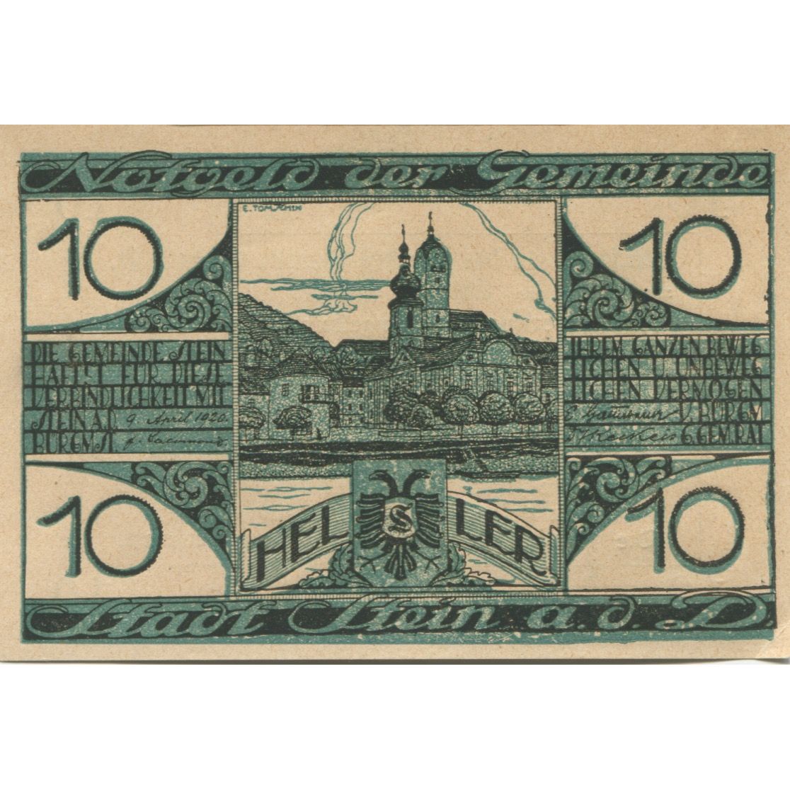 Billet, Autriche, Stein an der Donau, 10 Heller, village, 1920 SPL Mehl:FS 1015