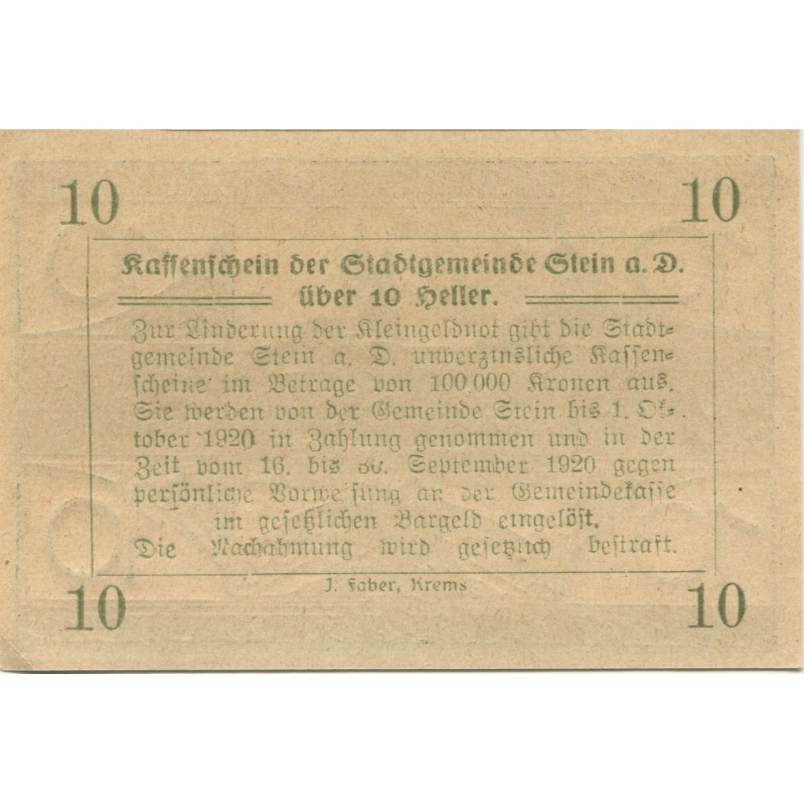 Billet, Autriche, Stein an der Donau, 10 Heller, village, 1920 SPL Mehl:FS 1015