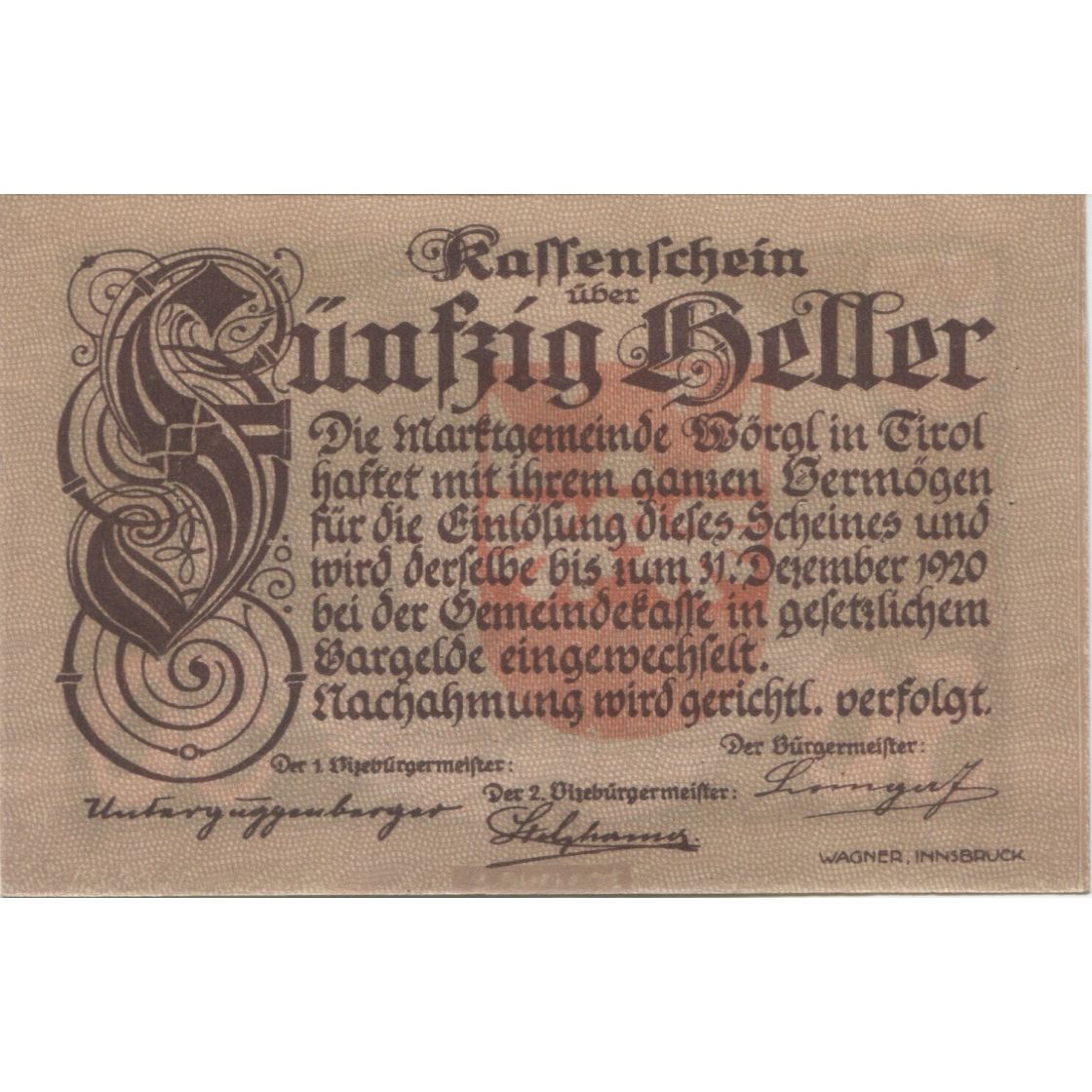 Banknote, Austria, Worgl, 50 Heller, paysage 1920-12-31, UNC(63), Mehl:FS 1252a