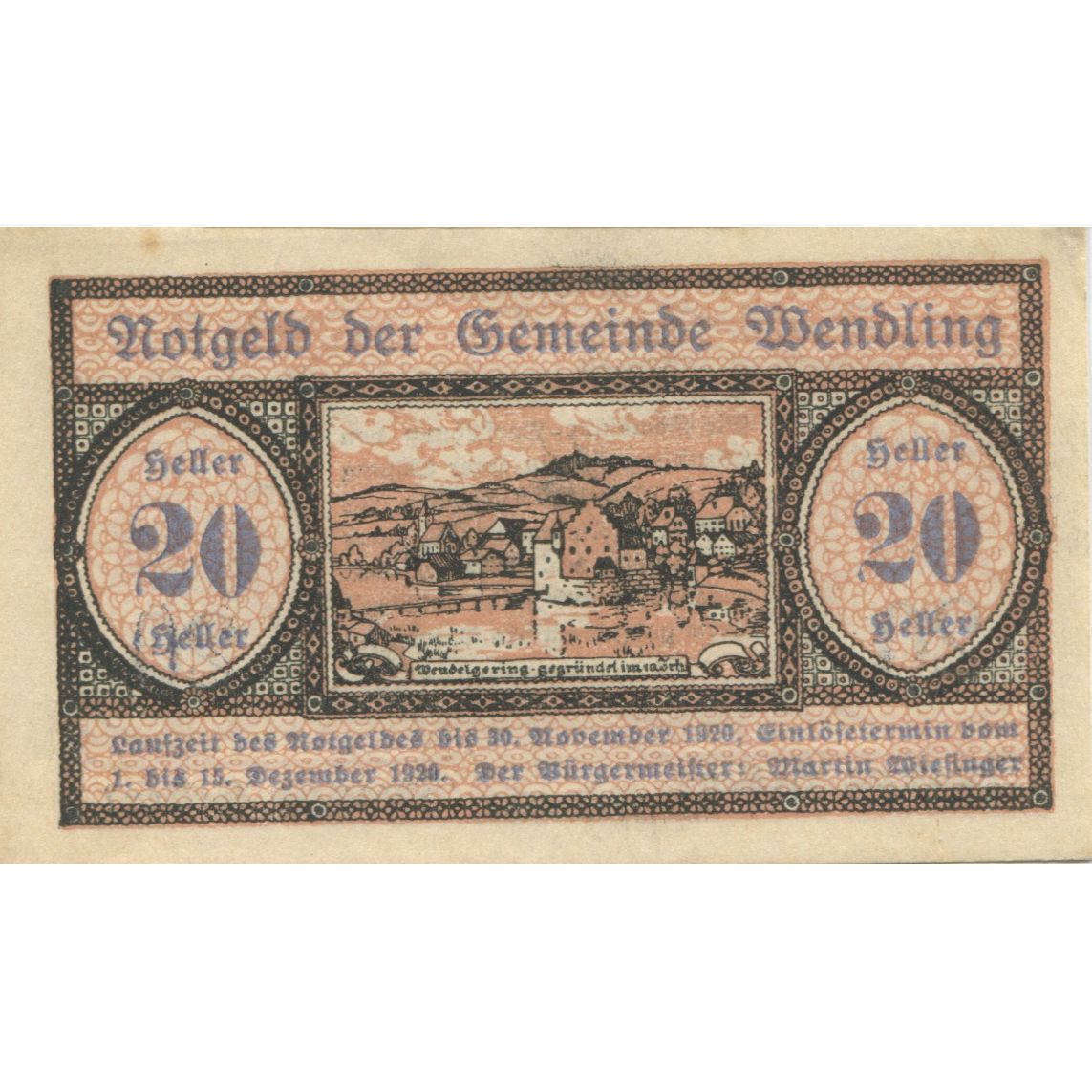 Banknote, Austria, Wendling 20 Heller, paysage 1920-05-02, UNC(63) Mehl:FS 1170a