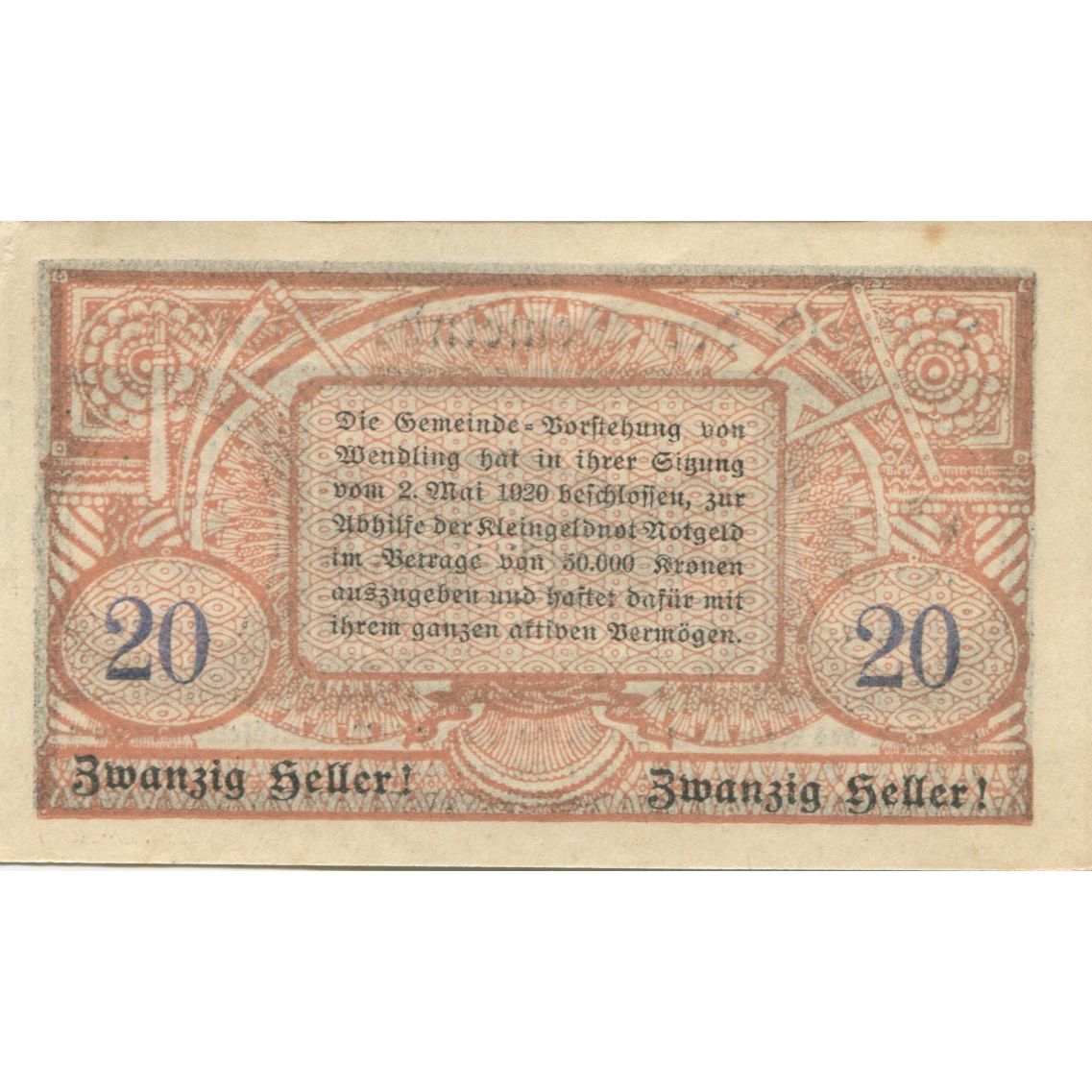 Banknote, Austria, Wendling 20 Heller, paysage 1920-05-02, UNC(63) Mehl:FS 1170a
