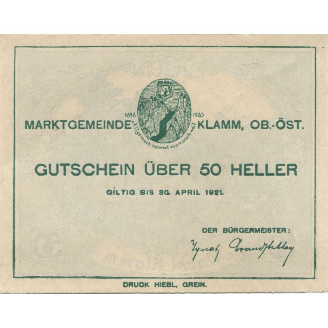 Banknote, Austria, Klamm, 50 Heller, village 1921-04-30, UNC(63), Mehl:FS 453b