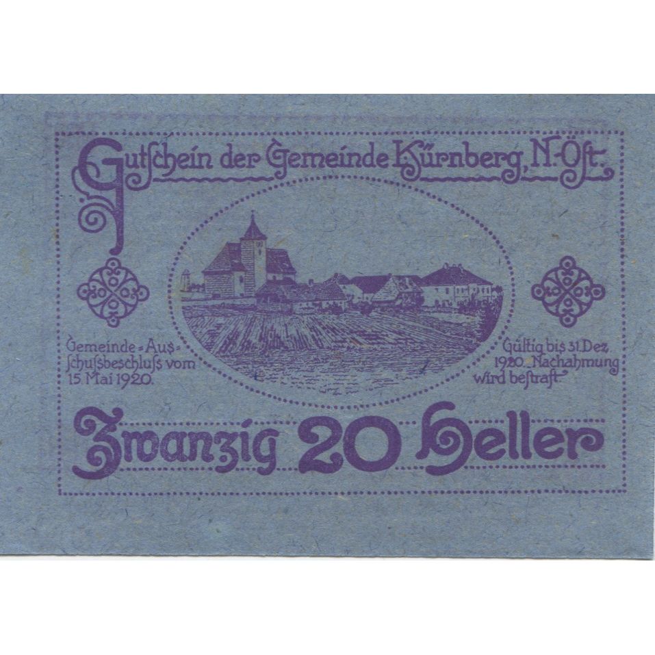 Banknote, Austria, Kürnberg, 20 Heller, village, 1920, UNC(63), Mehl:FS 490a