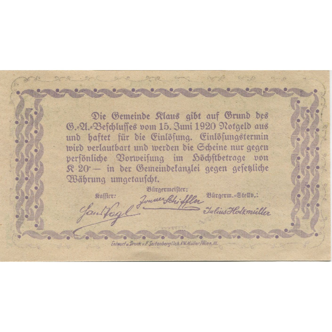 Banknote, Austria, Klaus, 30 Heller, montagne, 1920 UNC(63) Mehl:FS 454