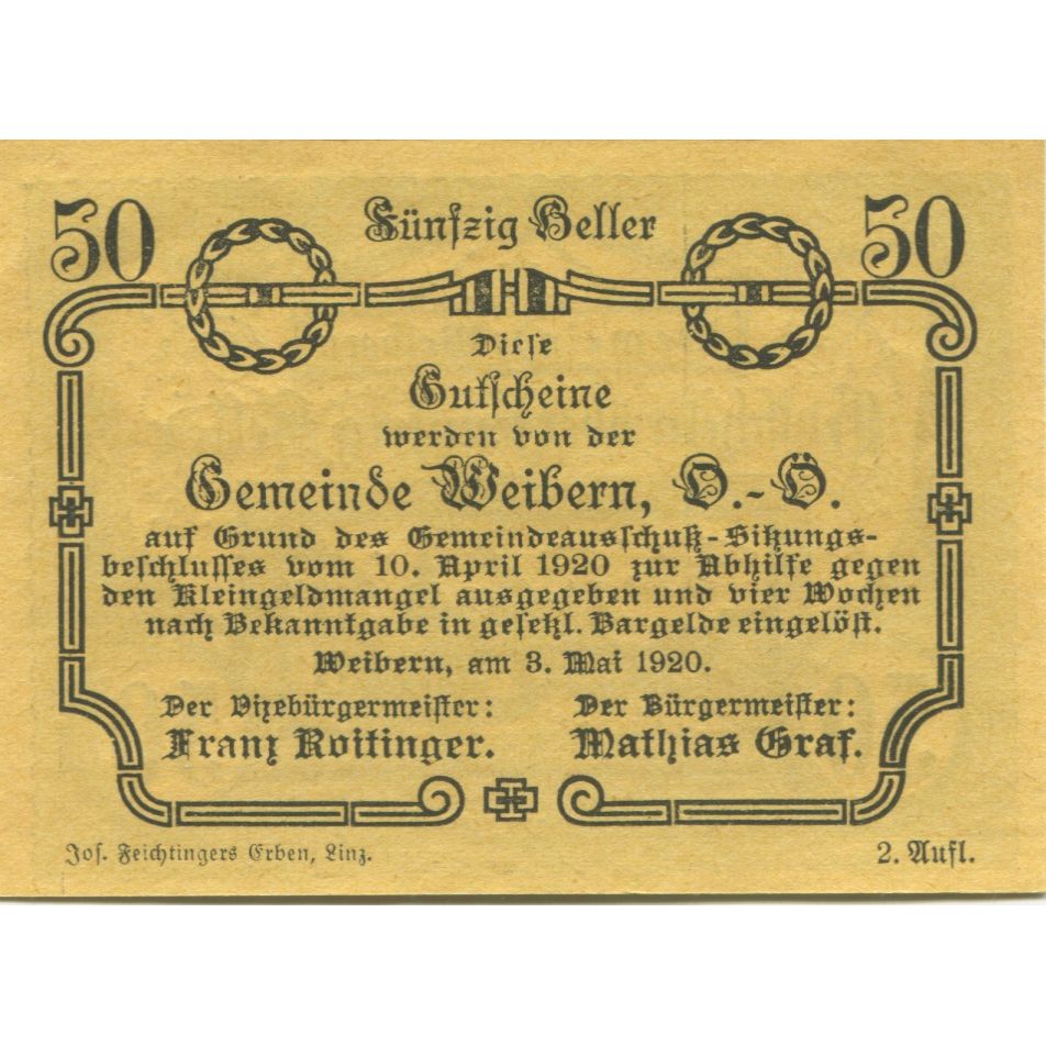 Banknote, Austria, Weibern, 50 Heller, village, 1920 UNC(63) Mehl:FS 1146b