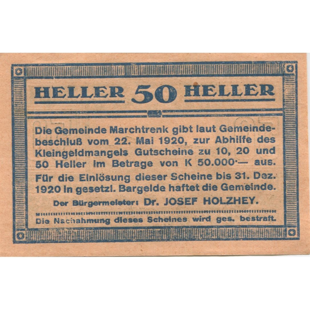 Banknote, Austria, Marchtrenk, 50 Heller, Usine, 1920 UNC(63) Mehl:FS 581c