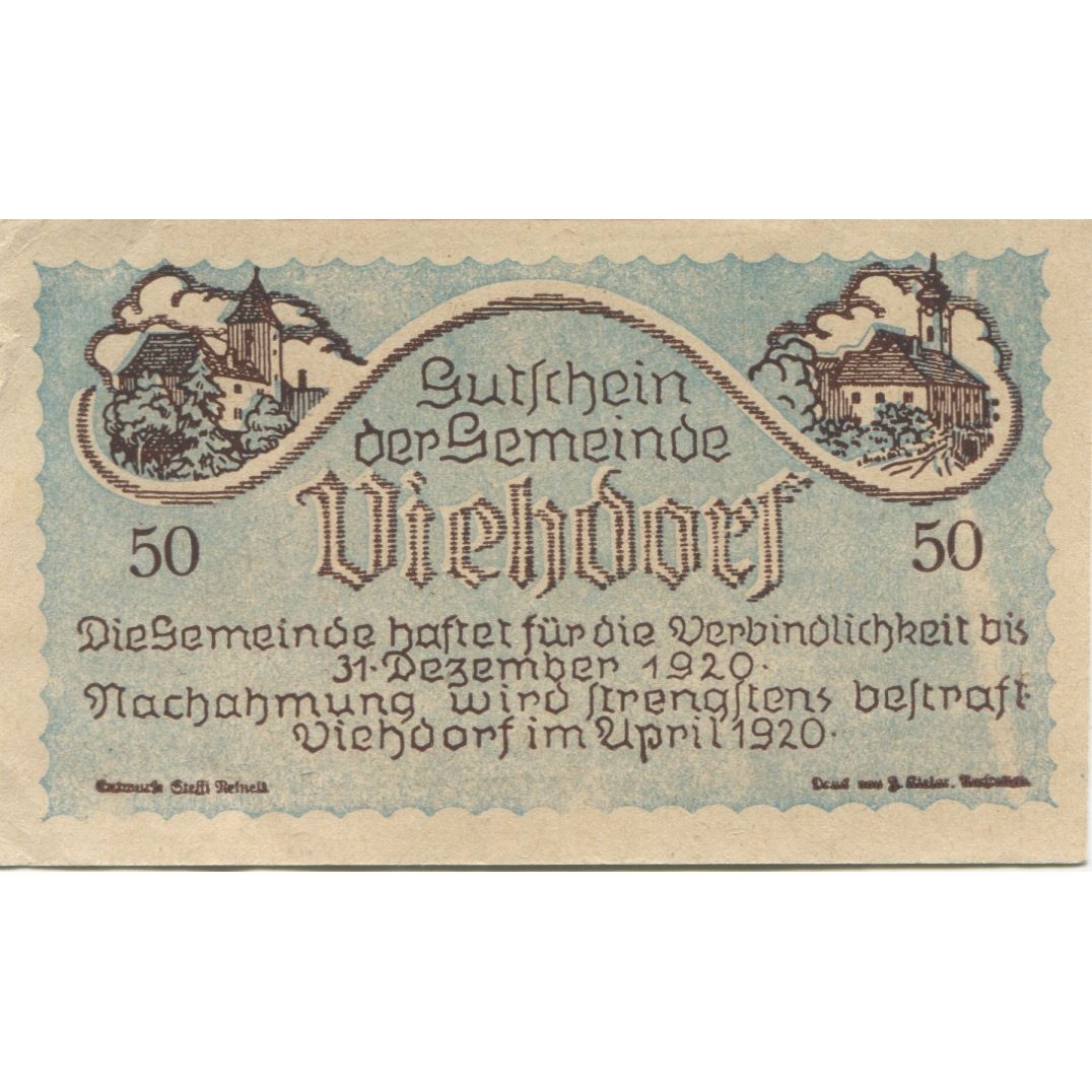 Banknote, Austria, Viehdorf, 50 Heller, Eglise, 1920 UNC(60-62) Mehl:FS 1111a
