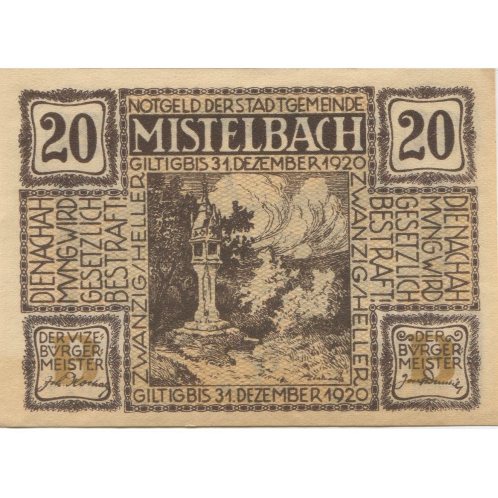 Banknote, Austria, Mistelbach, 20 Heller, Monument, 1920 UNC(63) Mehl:FS 614b