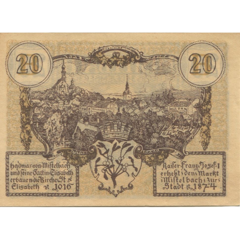 Banknote, Austria, Mistelbach, 20 Heller, Monument, 1920 UNC(63) Mehl:FS 614b