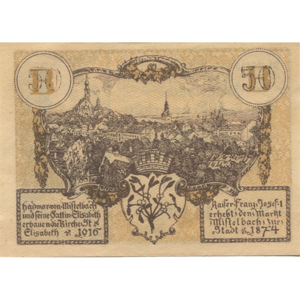 Banknote, Austria, Mistelbach, 50 Heller, Monument, 1920 UNC(63) Mehl:FS 614b