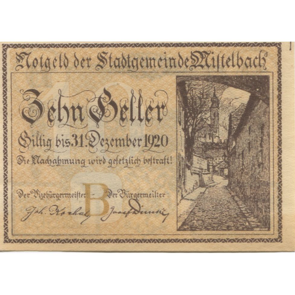 Banknote, Austria, Mistelbach, 10 Heller, rue 1920-12-31, UNC(63) Mehl:FS 614b