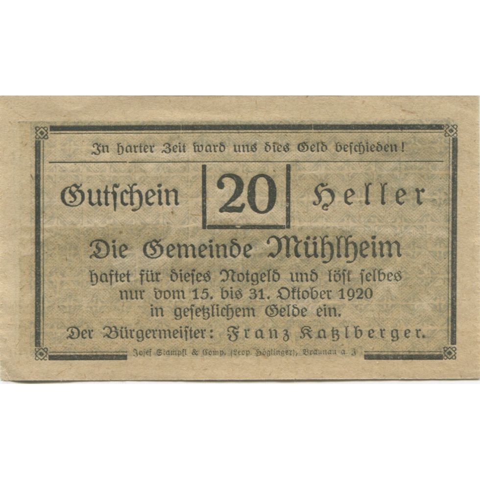 Banknote, Austria, Mühlheim, 20 Heller, château, 1920 UNC(63) Mehl:FS 631a1