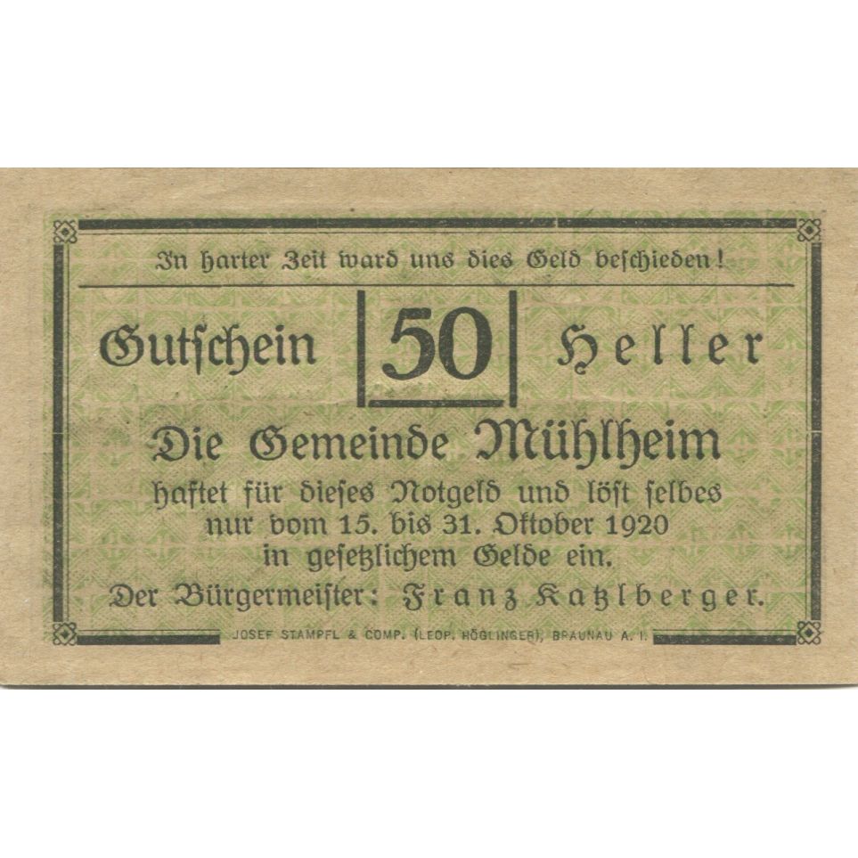 Banknote, Austria, Mühlheim, 50 Heller, château 1, 1920 UNC(63) Mehl:FS 631b2