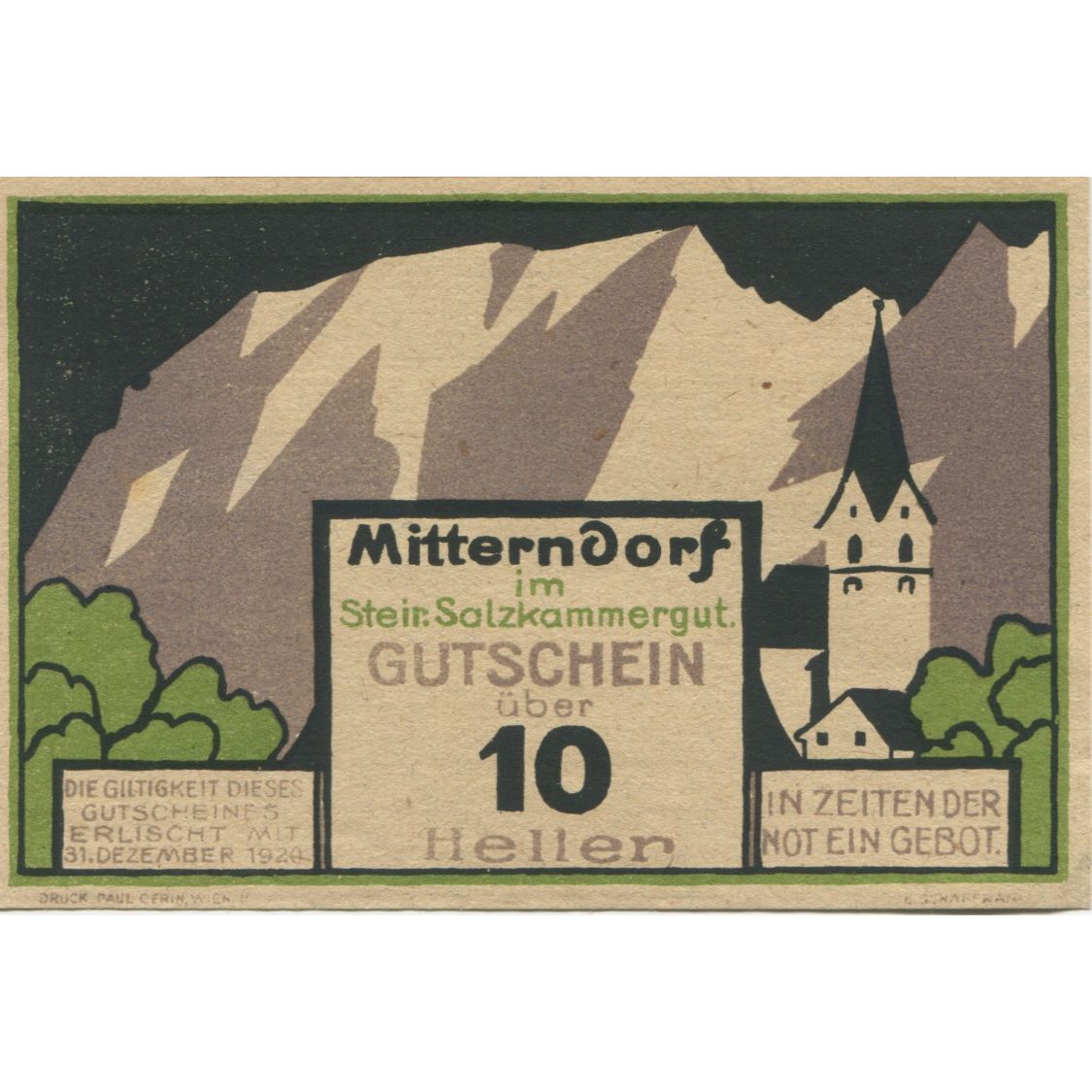 Banknote, Austria, Mitterndorf, 10 Heller, montagne 1921 UNC(63) Mehl:FS 621Ia