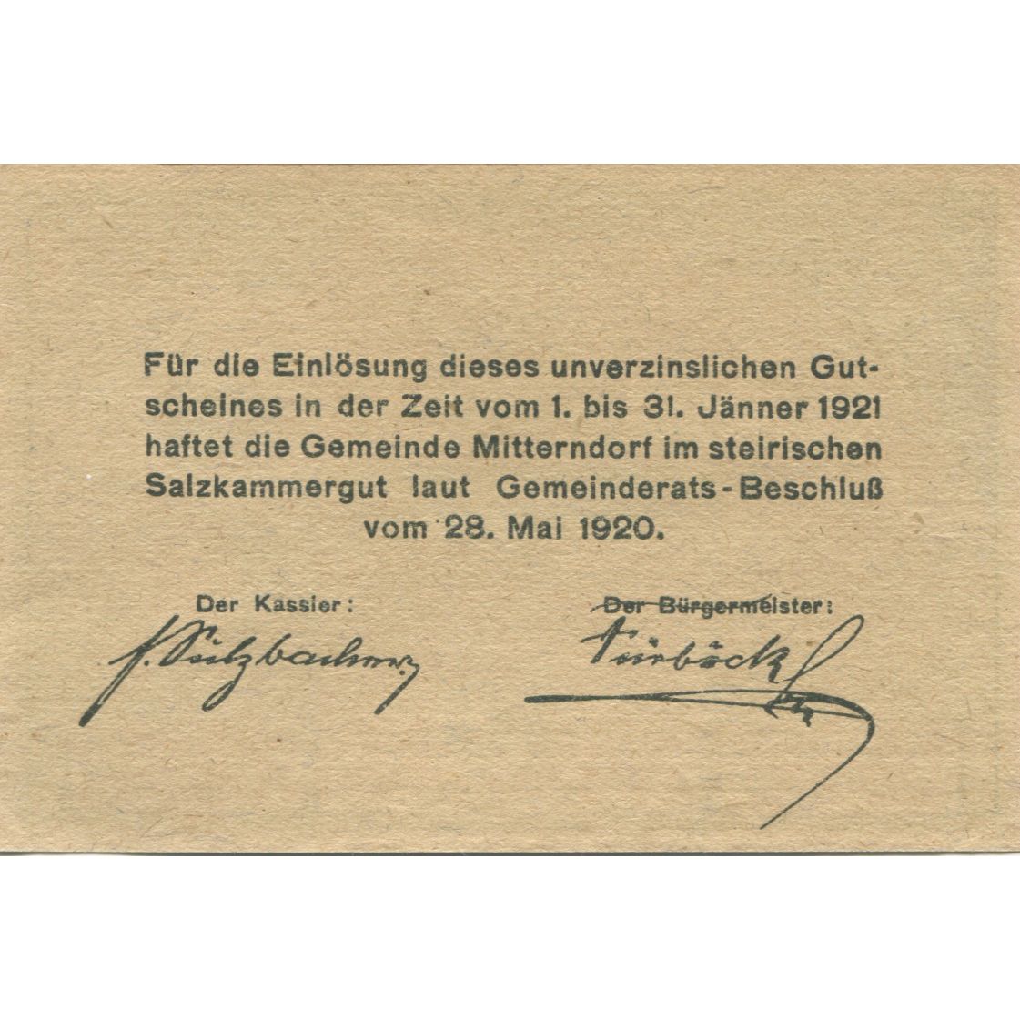 Banknote, Austria, Mitterndorf, 10 Heller, montagne 1921 UNC(63) Mehl:FS 621Ia