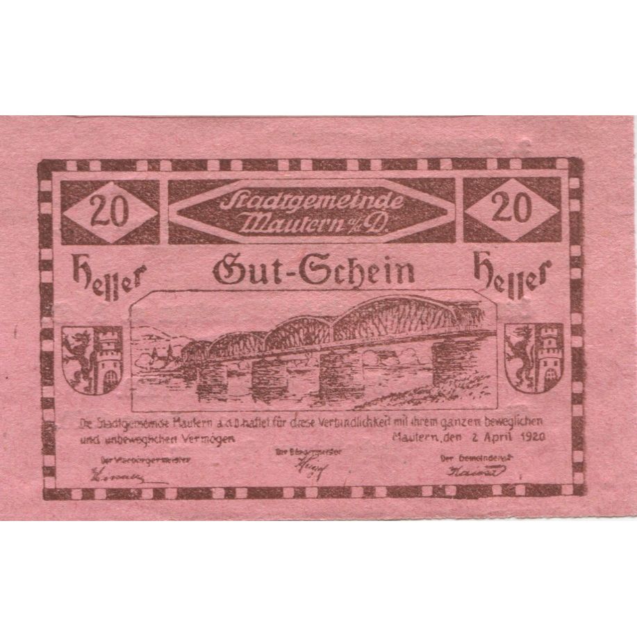 Billet, Autriche, Mautern, 20 Heller, pont 1920-12-31, SPL Mehl:FS 600IIe2