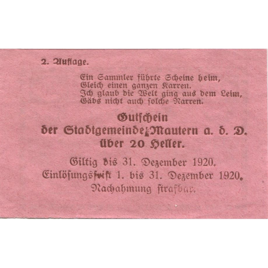 Billet, Autriche, Mautern, 20 Heller, pont 1920-12-31, SPL Mehl:FS 600IIe2