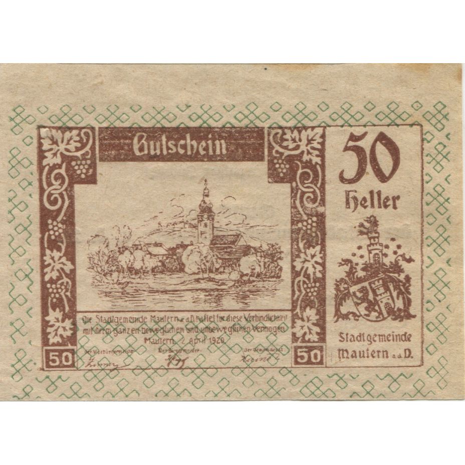 Banknote, Austria, Mautern, 50 Heller, village, 1920 AU(55-58) Mehl:FS 600IIa2