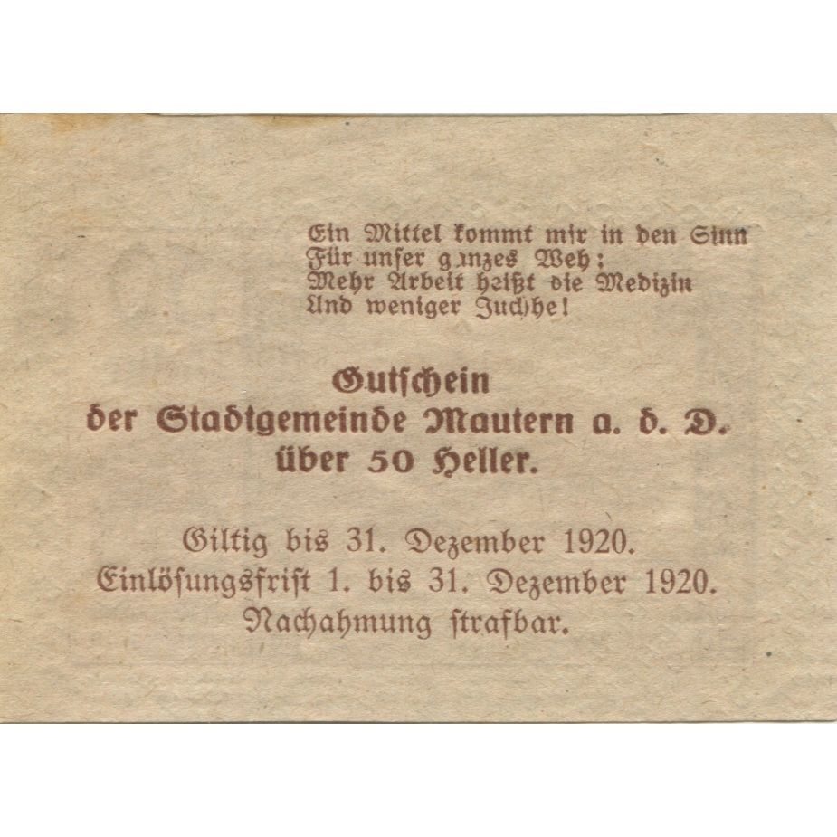 Banknote, Austria, Mautern, 50 Heller, village, 1920 AU(55-58) Mehl:FS 600IIa2