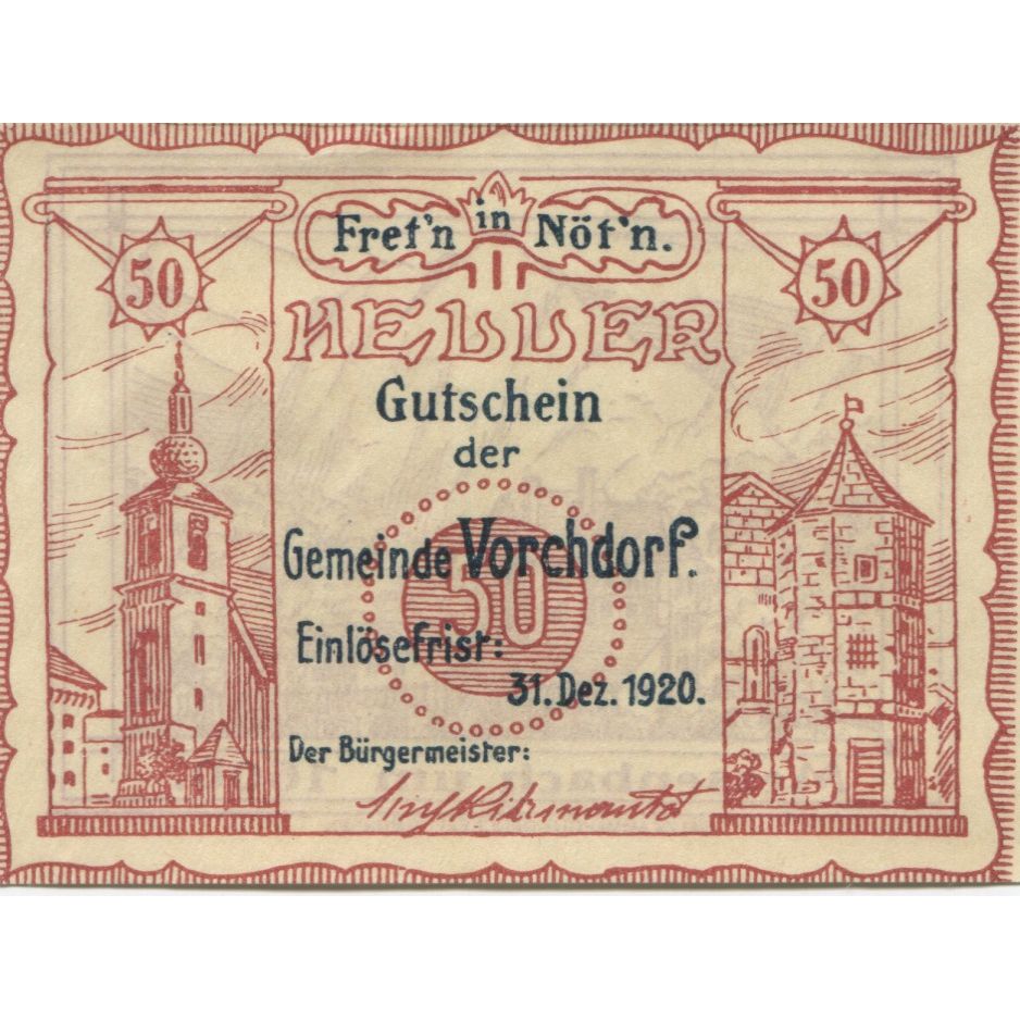 Banknote, Austria, Vorchdorf, 50 Heller, Eglise, 1920 UNC(63) Mehl:FS 1119a
