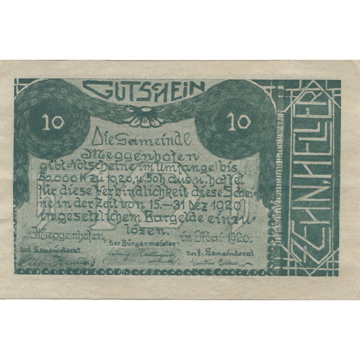 Banknote, Austria, Meggenhofen, 10 Heller, champs, 1920 UNC(63) Mehl:FS 603Ia