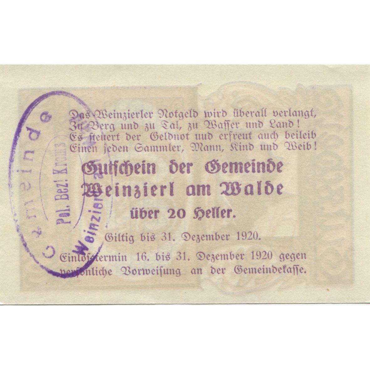 Banconote, Austria, Weinzierl, 20 Heller, Eglise 1920-12-31, SPL Mehl:FS 1152