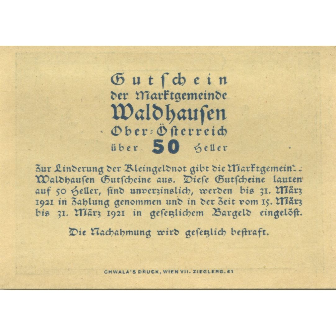 Banknote, Austria, Waldhausen, 50 Heller, monastère, 1921 UNC(63) Mehl:FS 1131