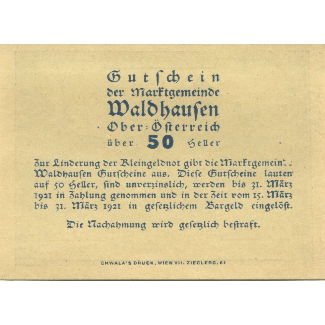 Banknote, Austria, Waldhausen, 50 Heller, monastère, 1921 UNC(63) Mehl:FS 1131