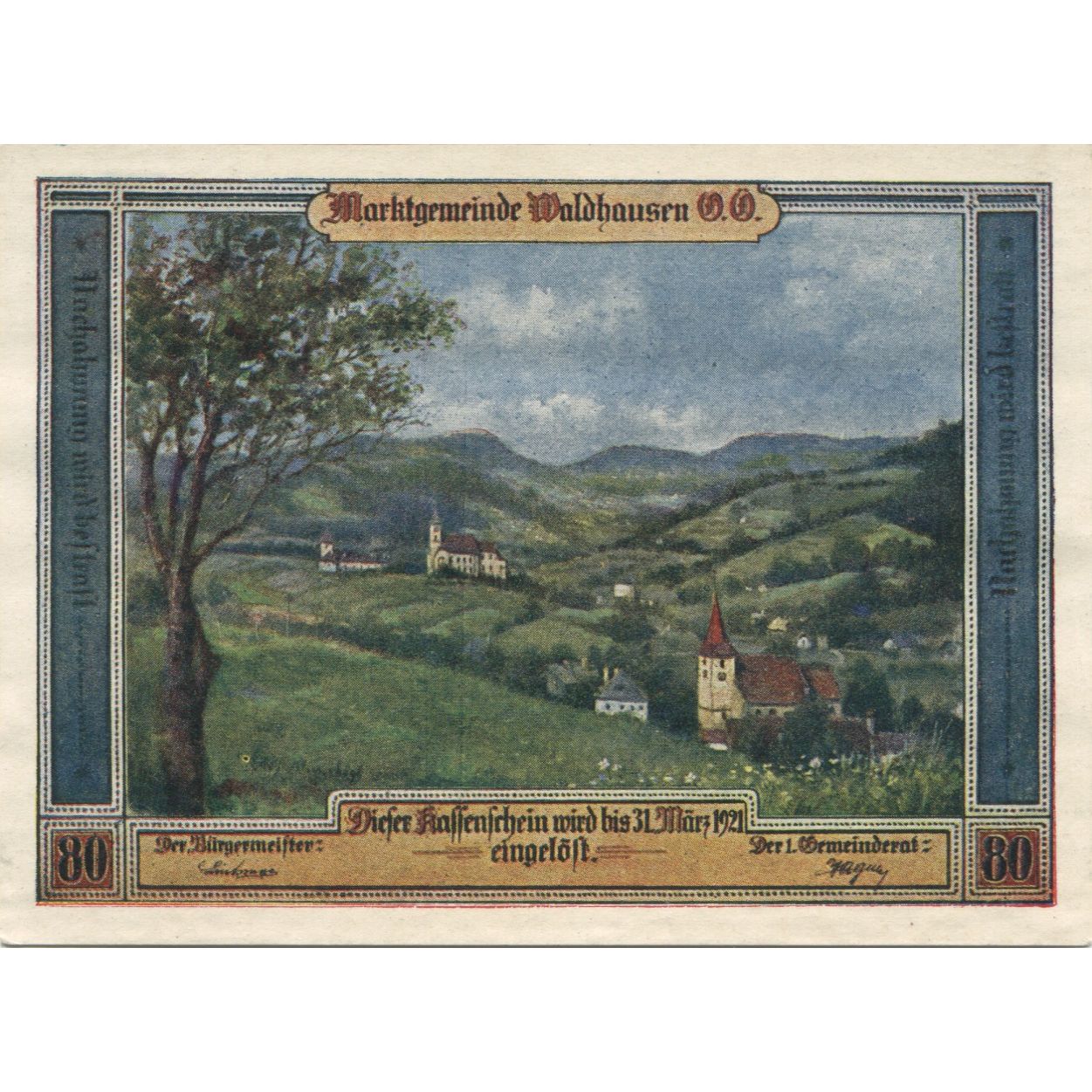 Banknote, Austria, Waldhausen, 80 Heller, paysage, 1921 UNC(63) Mehl:FS 1131