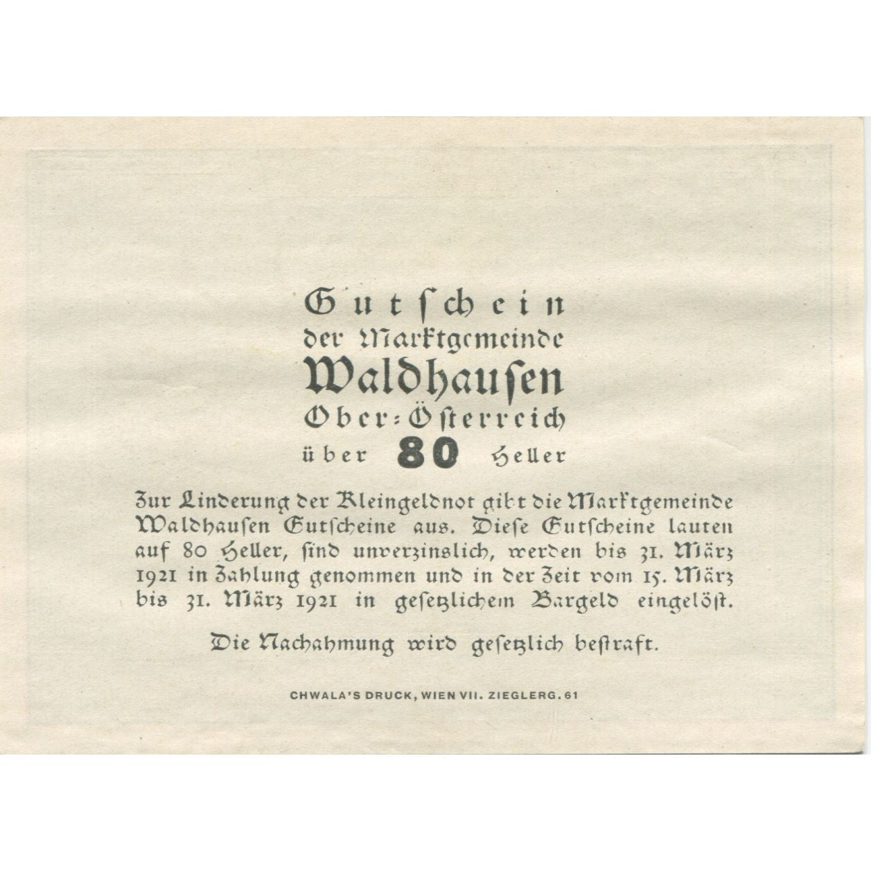 Banknote, Austria, Waldhausen, 80 Heller, paysage, 1921 UNC(63) Mehl:FS 1131