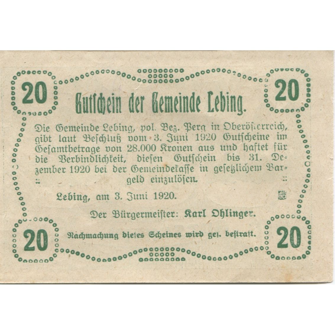 Banknote, Austria, Lebing, 20 Heller, Forêt 1920-06-03, UNC(63), Mehl:FS 508a