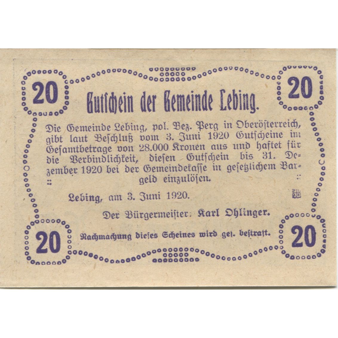 Banknote, Austria, Lebing, 20 Heller, village 1920-06-03, UNC(63) Mehl:FS 508a