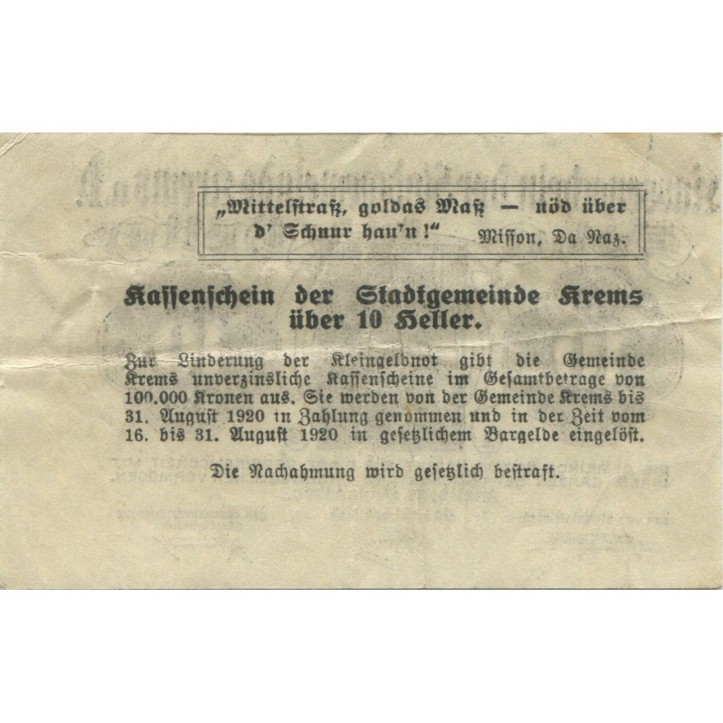 Geldschein, Österreich, Krems, 10 Heller, tour 1920-08-31, VZ, Mehl:FS 472I
