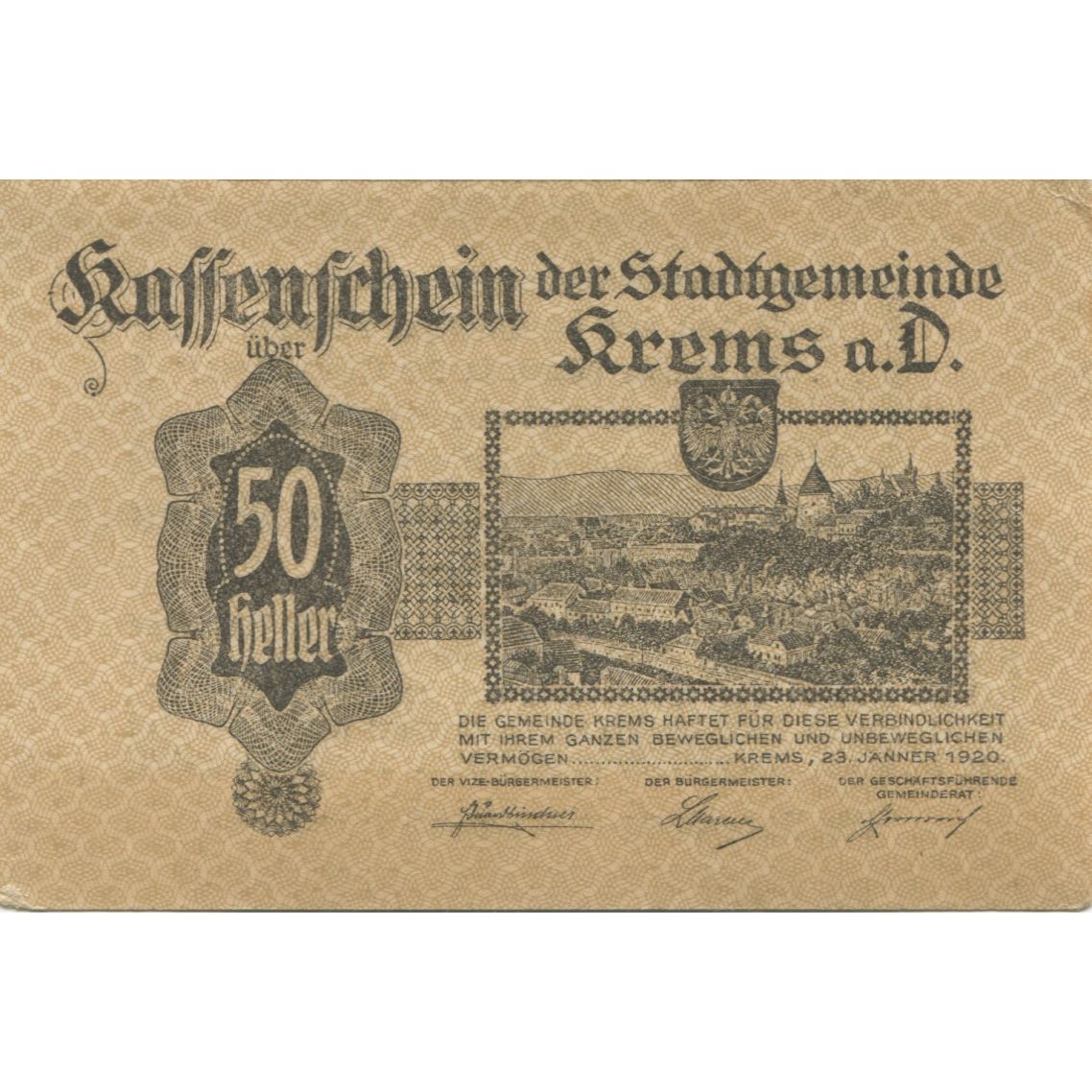 Banknote, Austria, Krems, 50 Heller, Blason 1920-08-31, UNC(63), Mehl:FS 472I