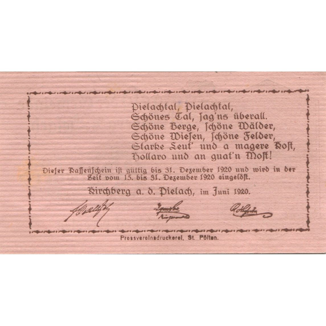 Banknote, Austria, Kirchberg, 20 Heller, village, 1920 UNC(63) Mehl:FS 442b