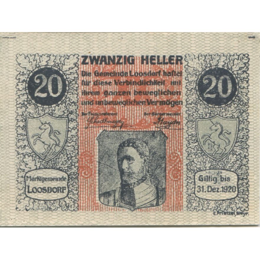 Banknote, Austria, Loosdorf, 20 Heller, portrait, 1920 UNC(63) Mehl:FS 563a