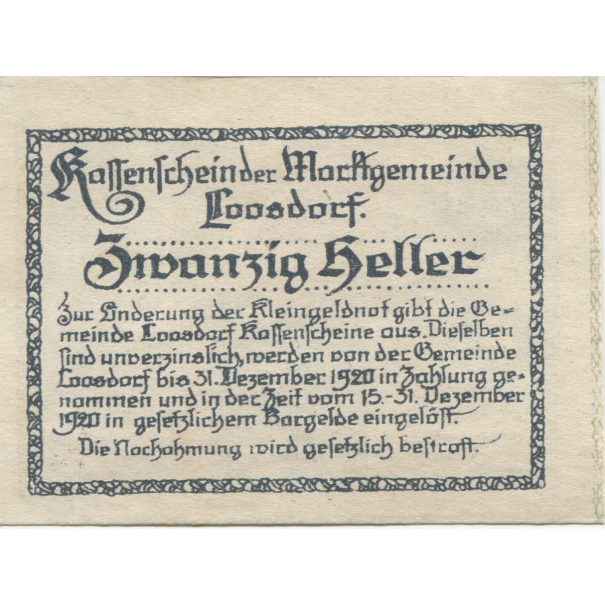 Banknote, Austria, Loosdorf, 20 Heller, portrait, 1920 UNC(63) Mehl:FS 563a