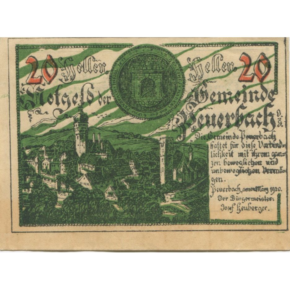 Banknote, Austria, Peuerbach, 20 Heller, château, 1920 UNC(63) Mehl:FS 741Ia