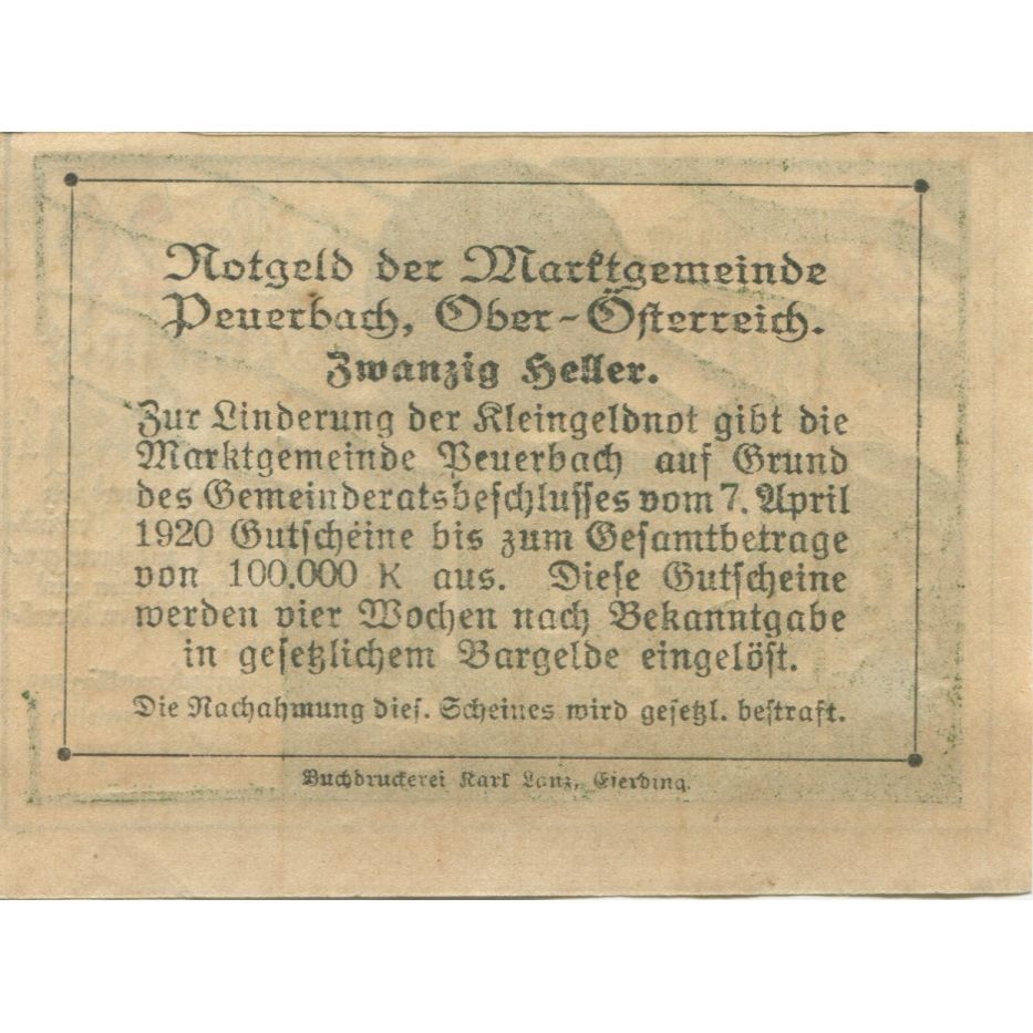 Banknote, Austria, Peuerbach, 20 Heller, château, 1920 UNC(63) Mehl:FS 741Ia