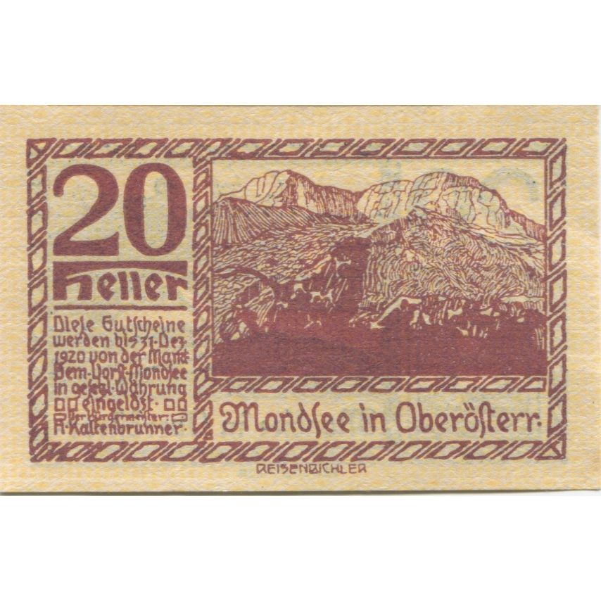Banknote, Austria, Mondsee, 20 Heller, montagne, 1920 UNC(63) Mehl:FS 621b1