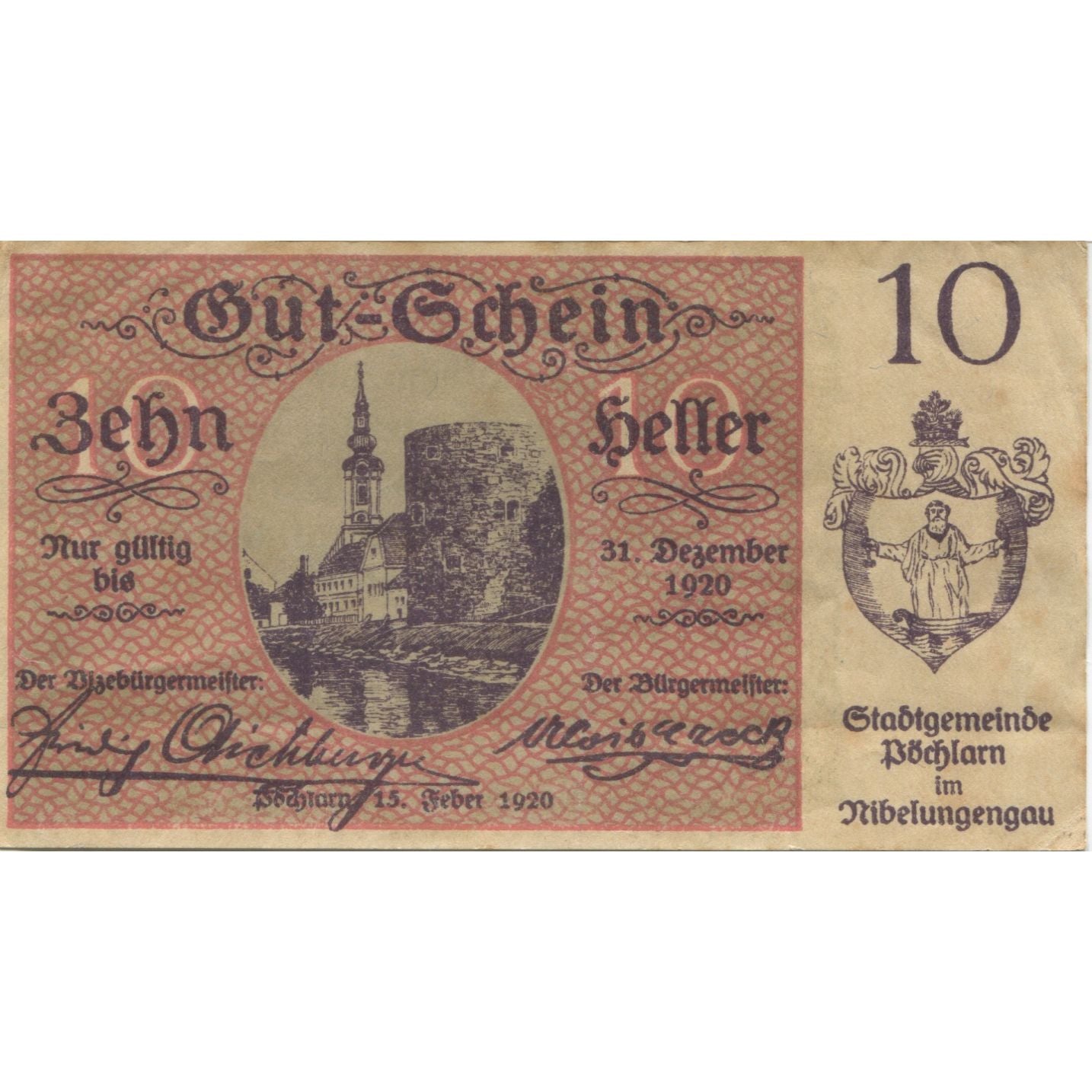 Banconote, Austria, Pochlarn, 10 Heller, château 1920-12-31, SPL- Mehl:FS 755II