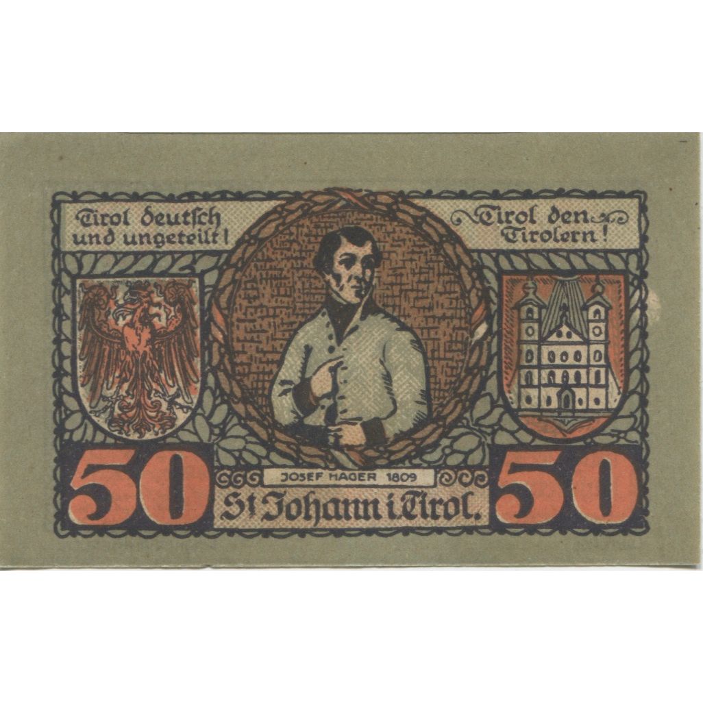 Banknote, Austria, St Johann, 50 Heller, portrait, 1921 UNC(63) Mehl:FS 898a