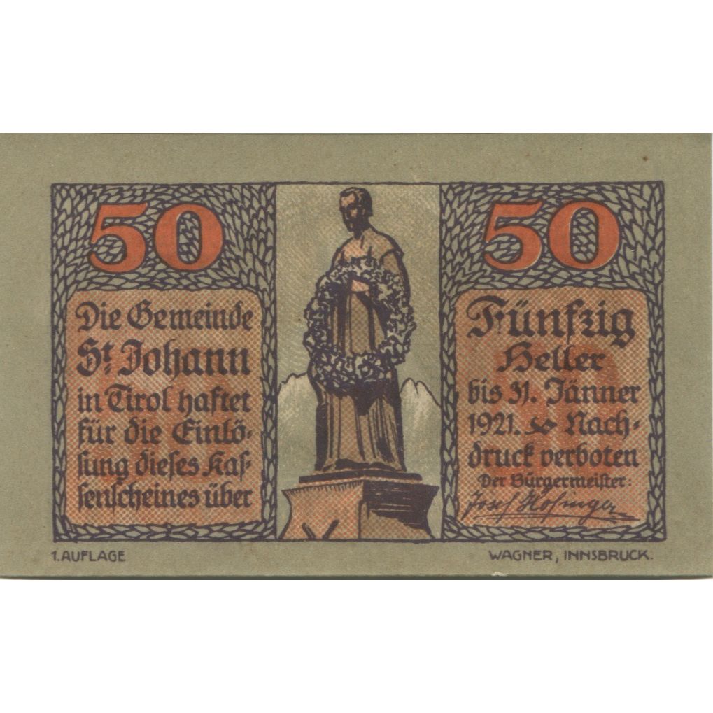 Banknote, Austria, St Johann, 50 Heller, portrait, 1921 UNC(63) Mehl:FS 898a