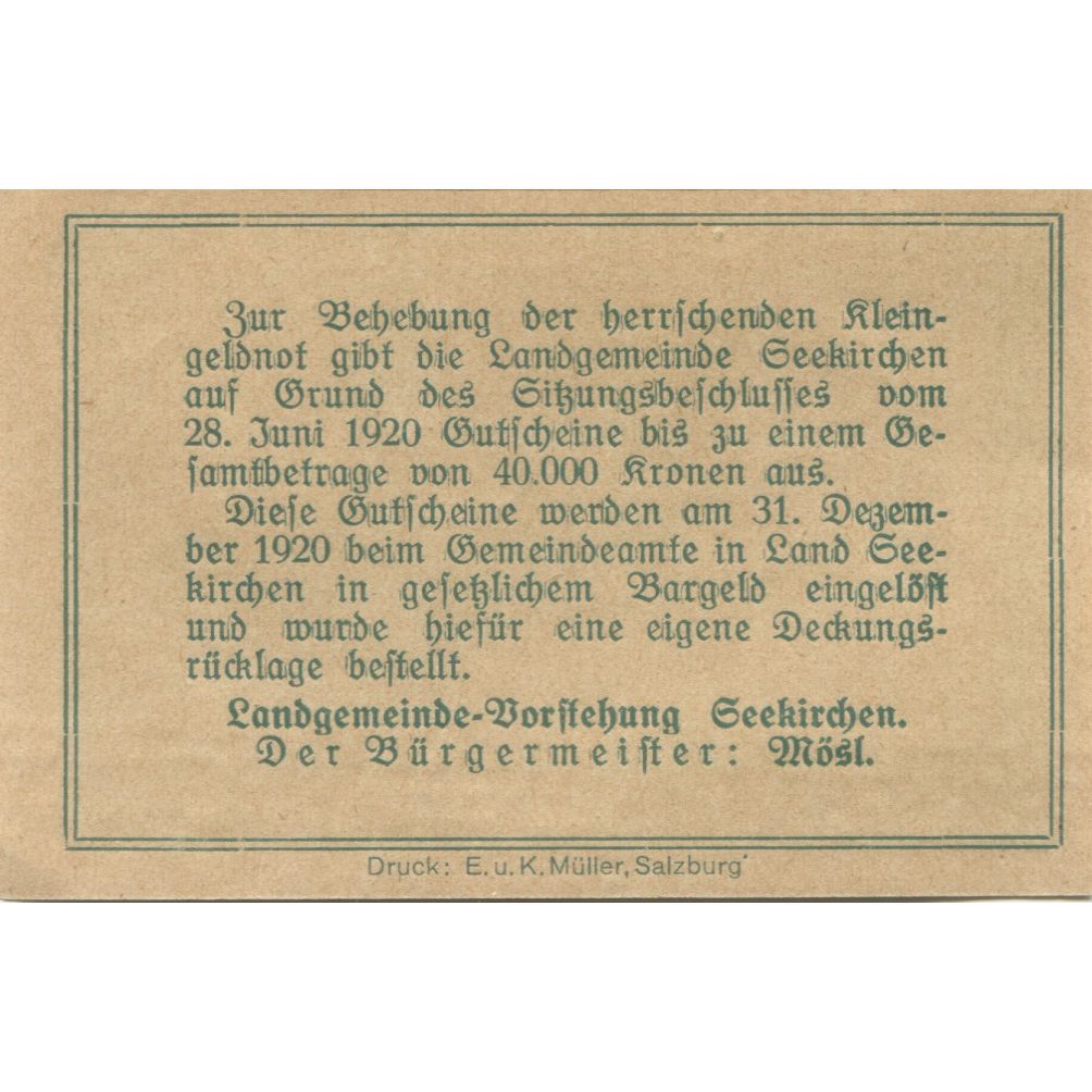 Banknote, Austria, Seekirchen, 50 Heller, village, 1920 UNC(63) Mehl:FS 986a