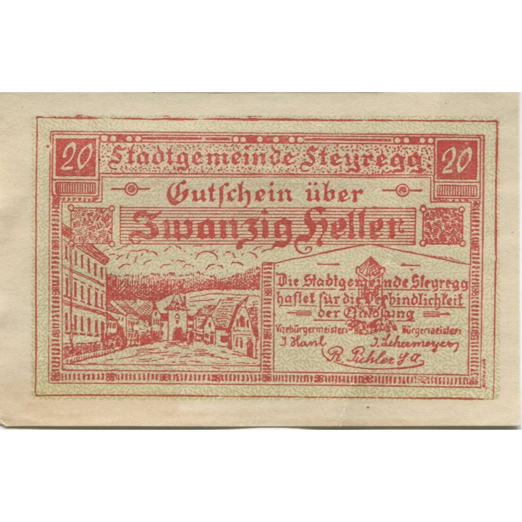Banknote, Austria, Steyregg, 20 Heller, village, 1920 UNC(63) Mehl:FS 1036Ia