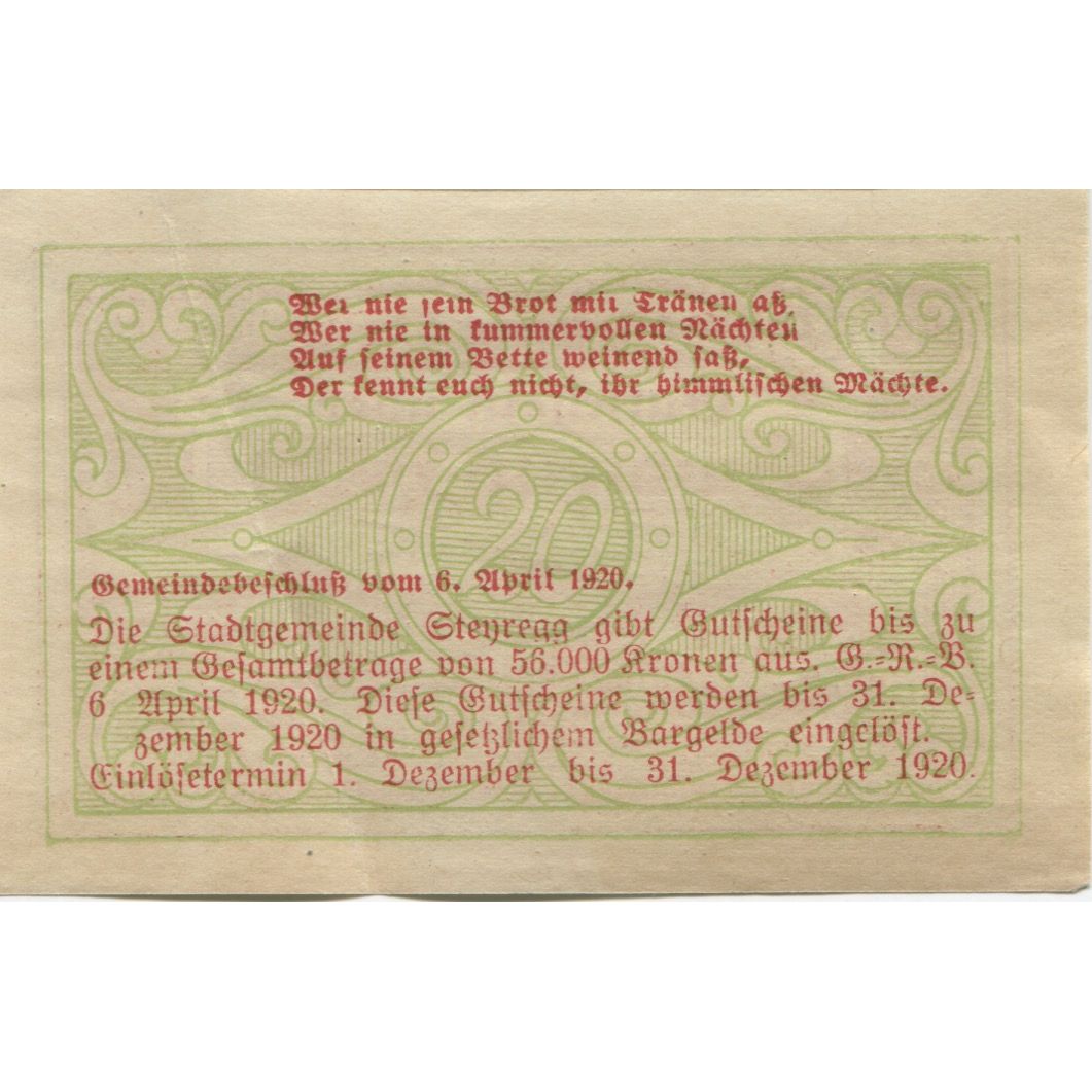 Banknote, Austria, Steyregg, 20 Heller, village, 1920 UNC(63) Mehl:FS 1036Ia