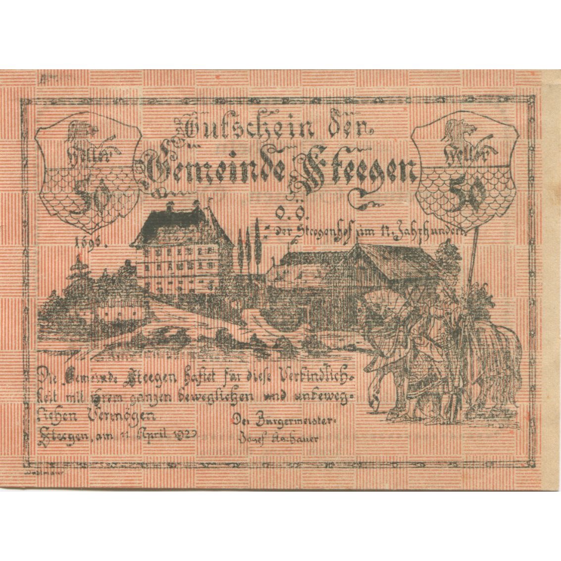 Banknote, Austria, Steegen, 50 Heller, château, 1920, UNC(63), Mehl:FS 1012Ic1