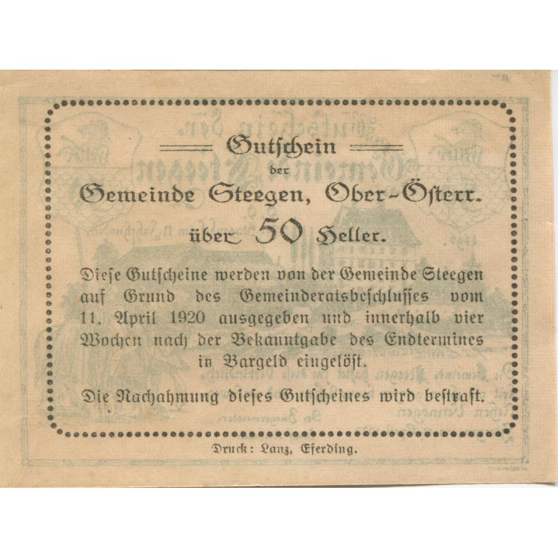 Banknote, Austria, Steegen, 50 Heller, château, 1920, UNC(63), Mehl:FS 1012Ic1