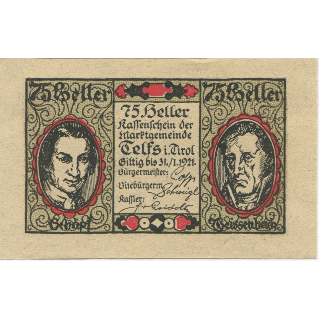 Banknote, Austria, Telfs, 75 Heller, portrait 1921-01-31, UNC(63) Mehl:FS 1061a