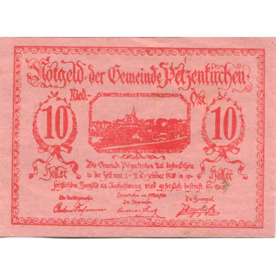 Banknote, Austria, Petzenkirchen, 10 Heller, village, 1920 UNC(63) Mehl:FS 740a